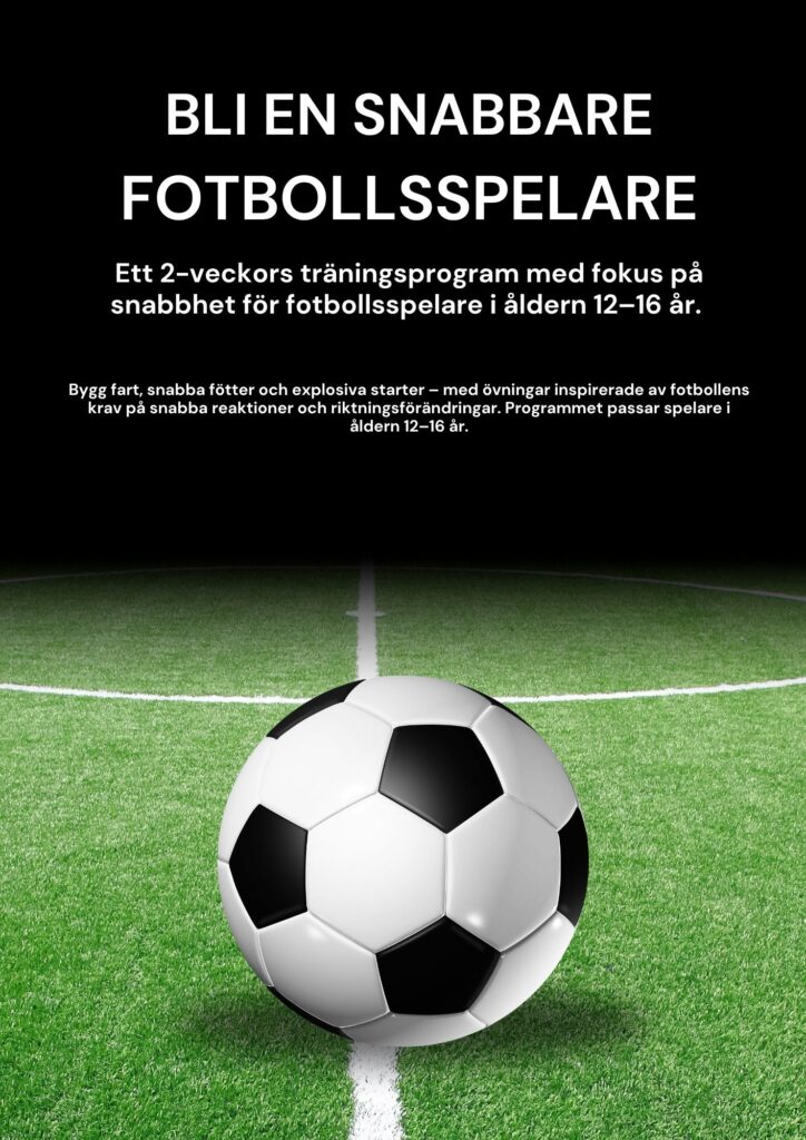 Fotboll på gräsplan – omslag till träningsprogrammet ”Bli en snabbare fotbollsspelare”.